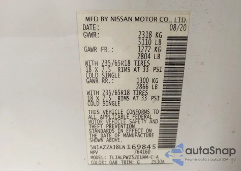 2020 Nissan Murano S Fwd from USA, damaged, VIN 5N1AZ2AJ8LN169845